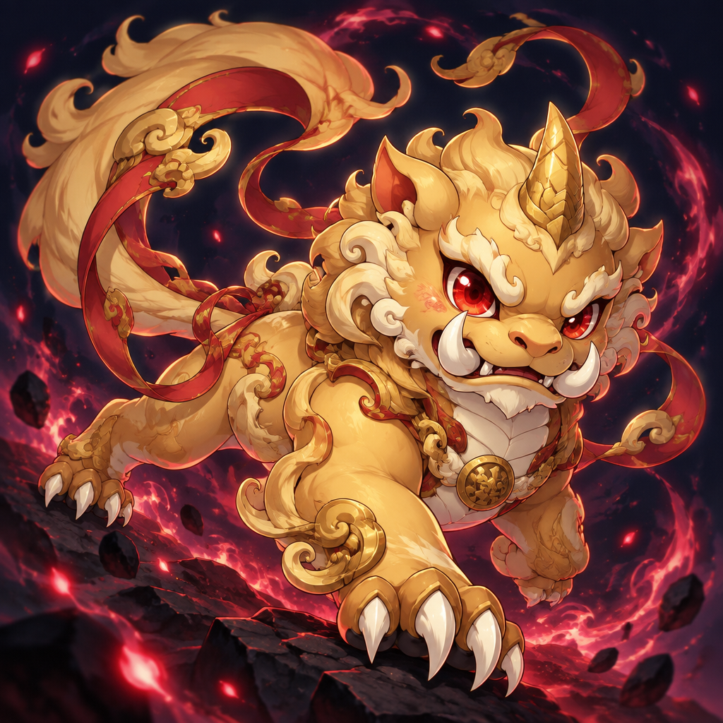 Golden Pixiu leaping through a field of red cosmic energy