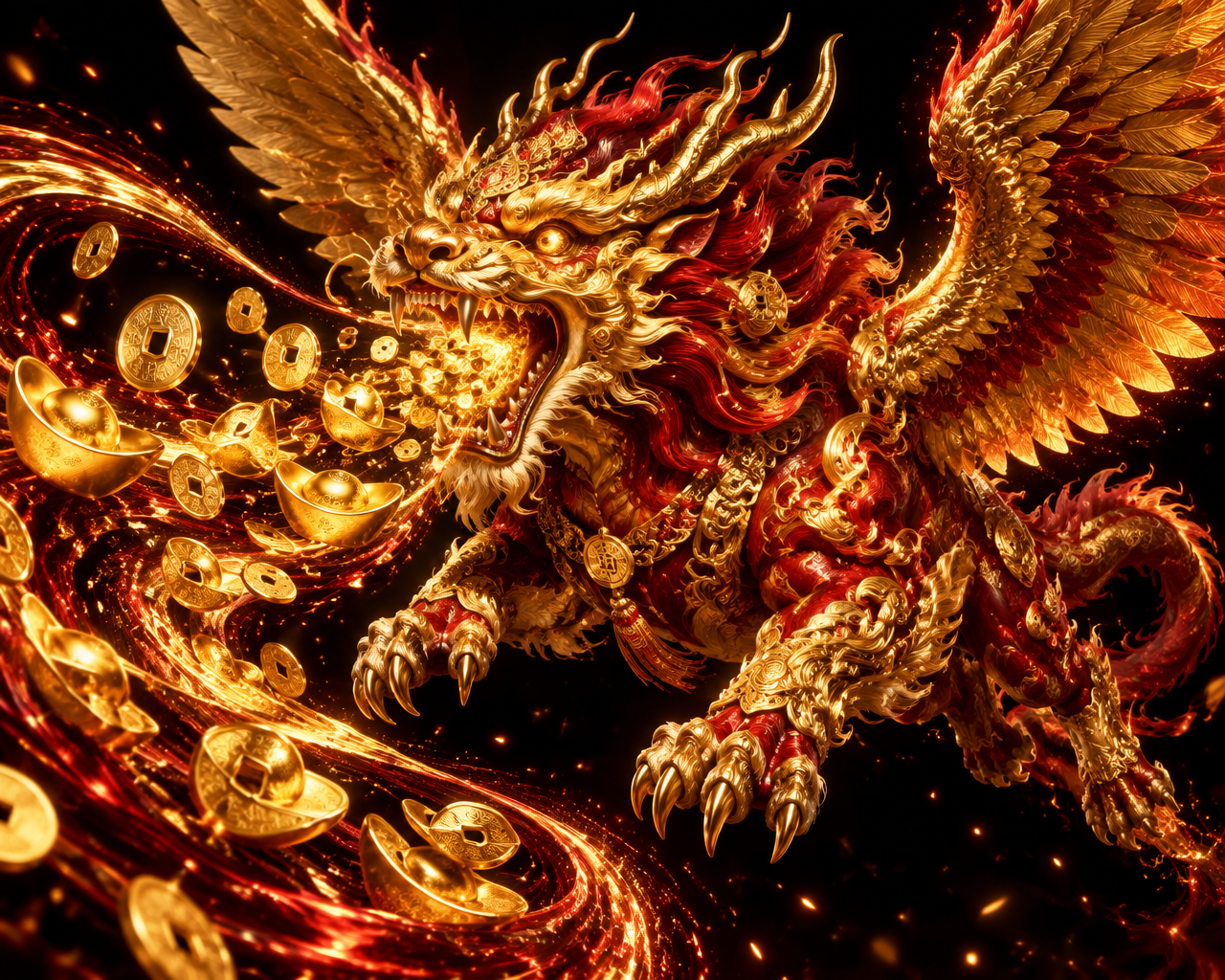 The golden Pixiu devouring a spiral of gold coins and ingots