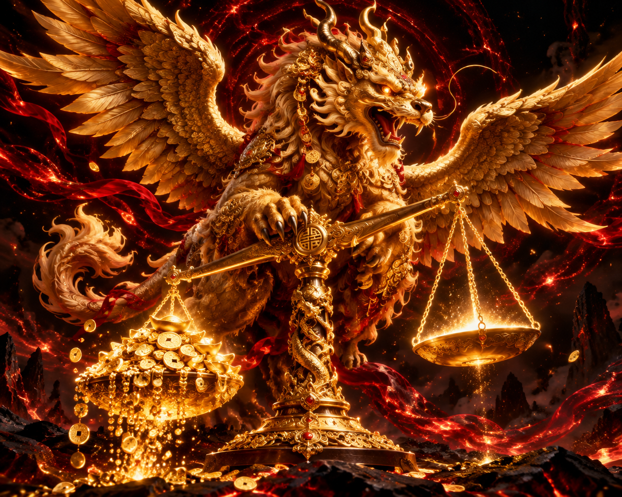 The golden Pixiu gripping an overflowing scale of gold