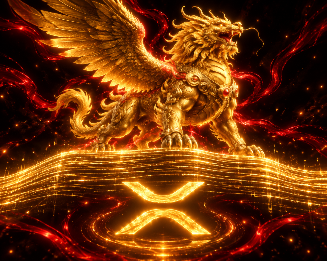 The golden Pixiu standing atop a glowing digital ledger with an XRP ripple symbol
