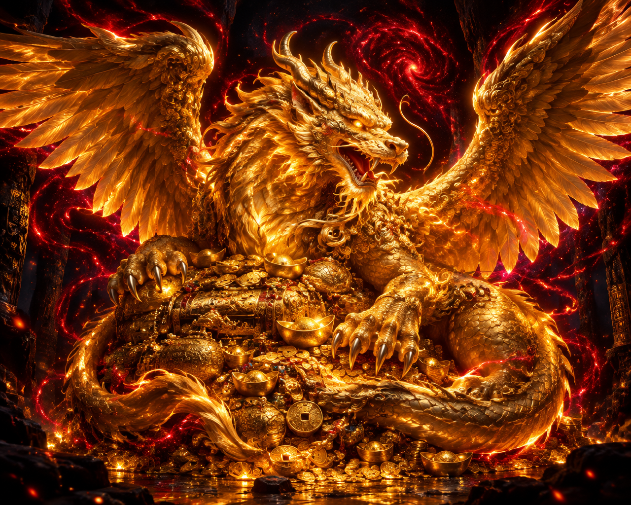 The golden Pixiu curled protectively around a hoard of treasure